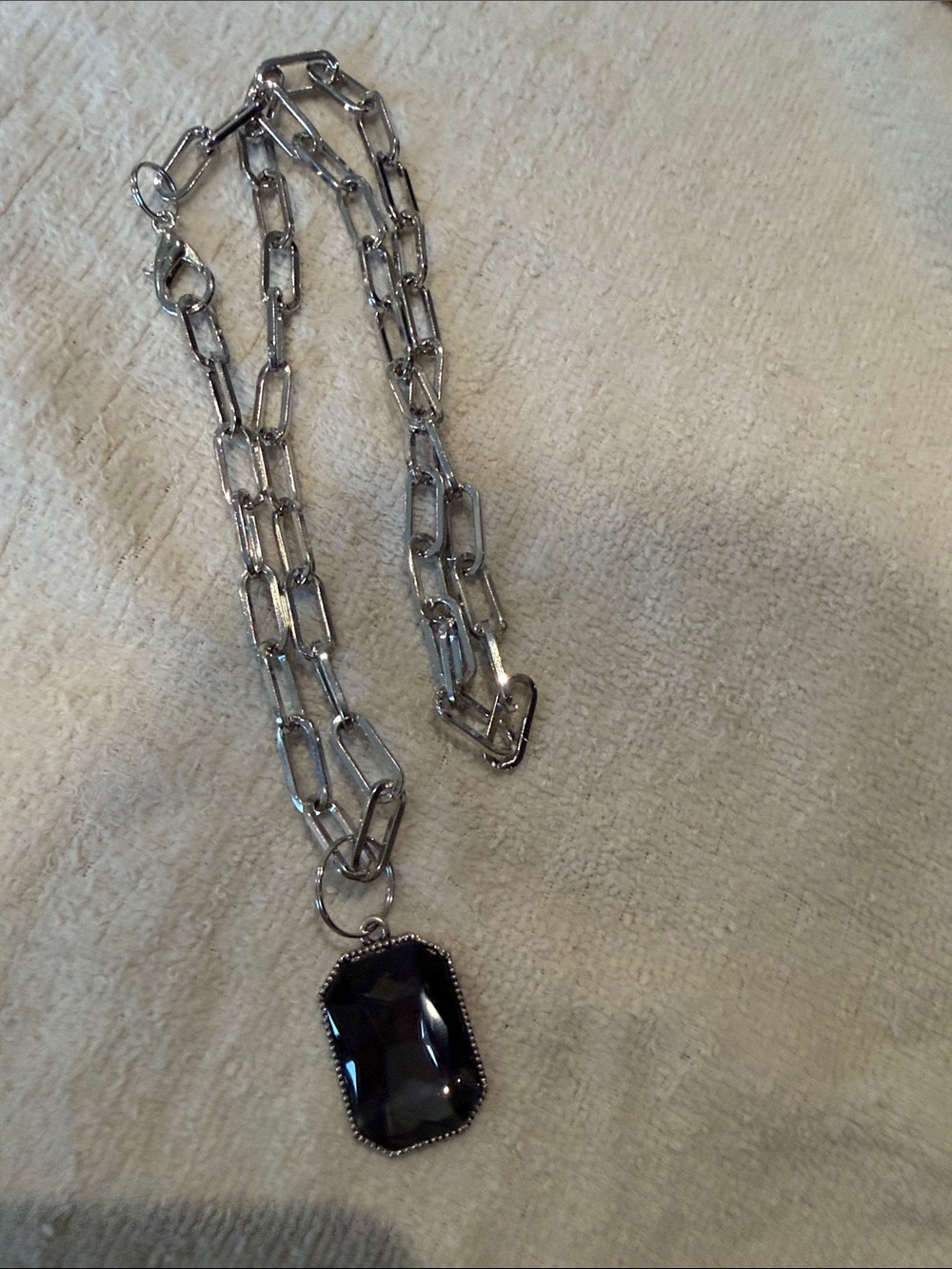 Silver Chain Necklace with Black Gemstone Pendant